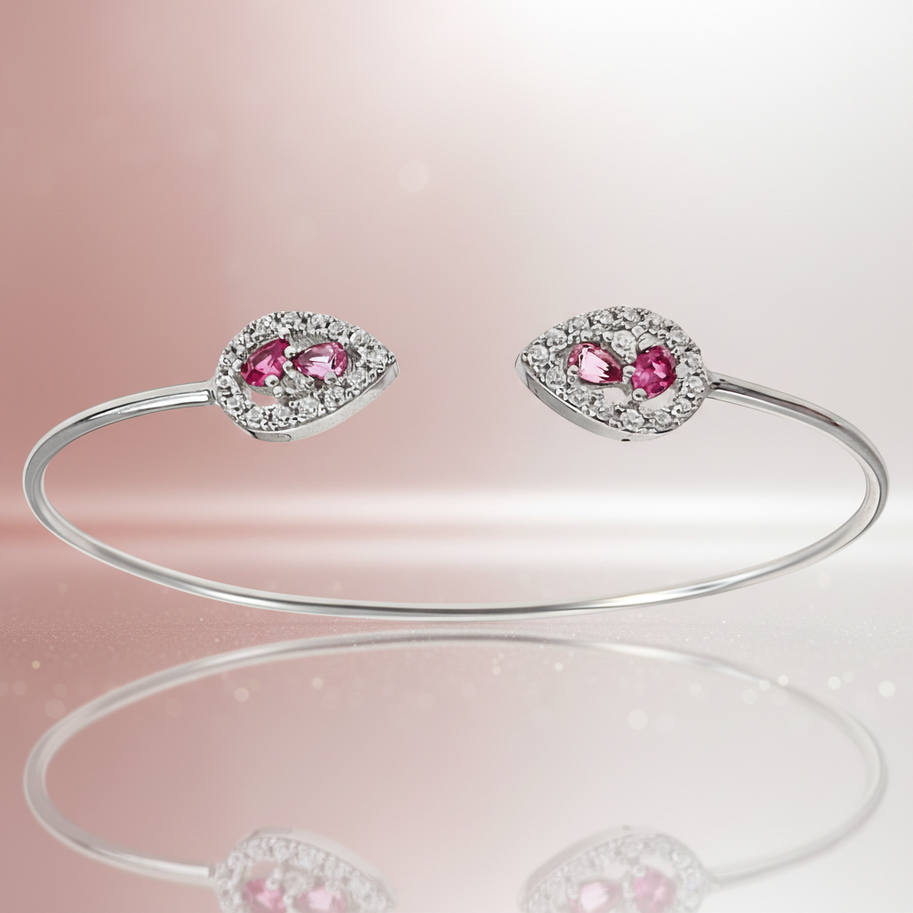 Bracelet ouvert en argent 925 rhodié & zirconiums roses