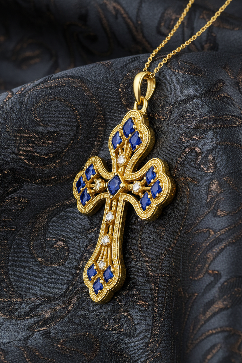 Collier Grande Croix Plaqué Or – Oxydes de Zirconium – Chaîne 40 + 5 cm