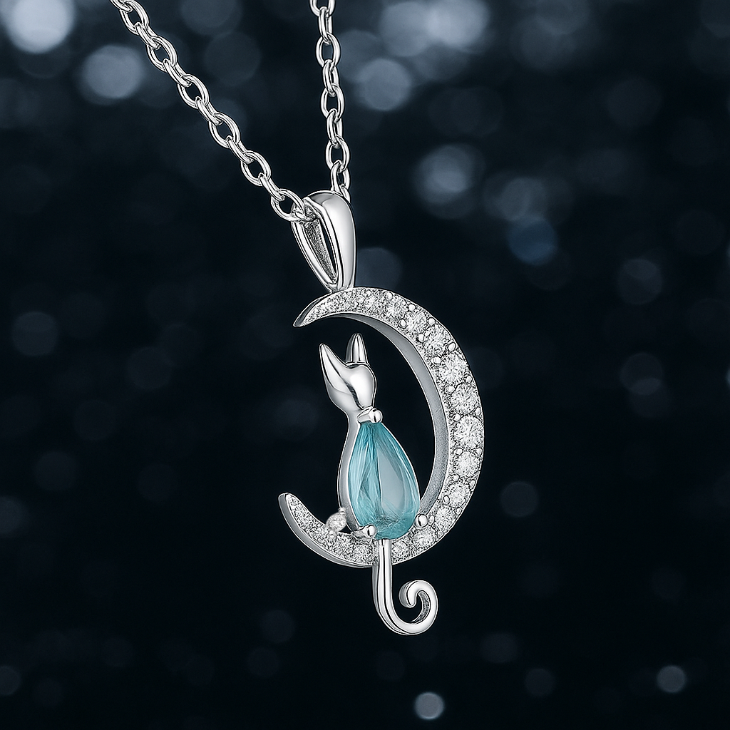 Collier Chat & Lune – Argent 925 Rhodié & Zirconium