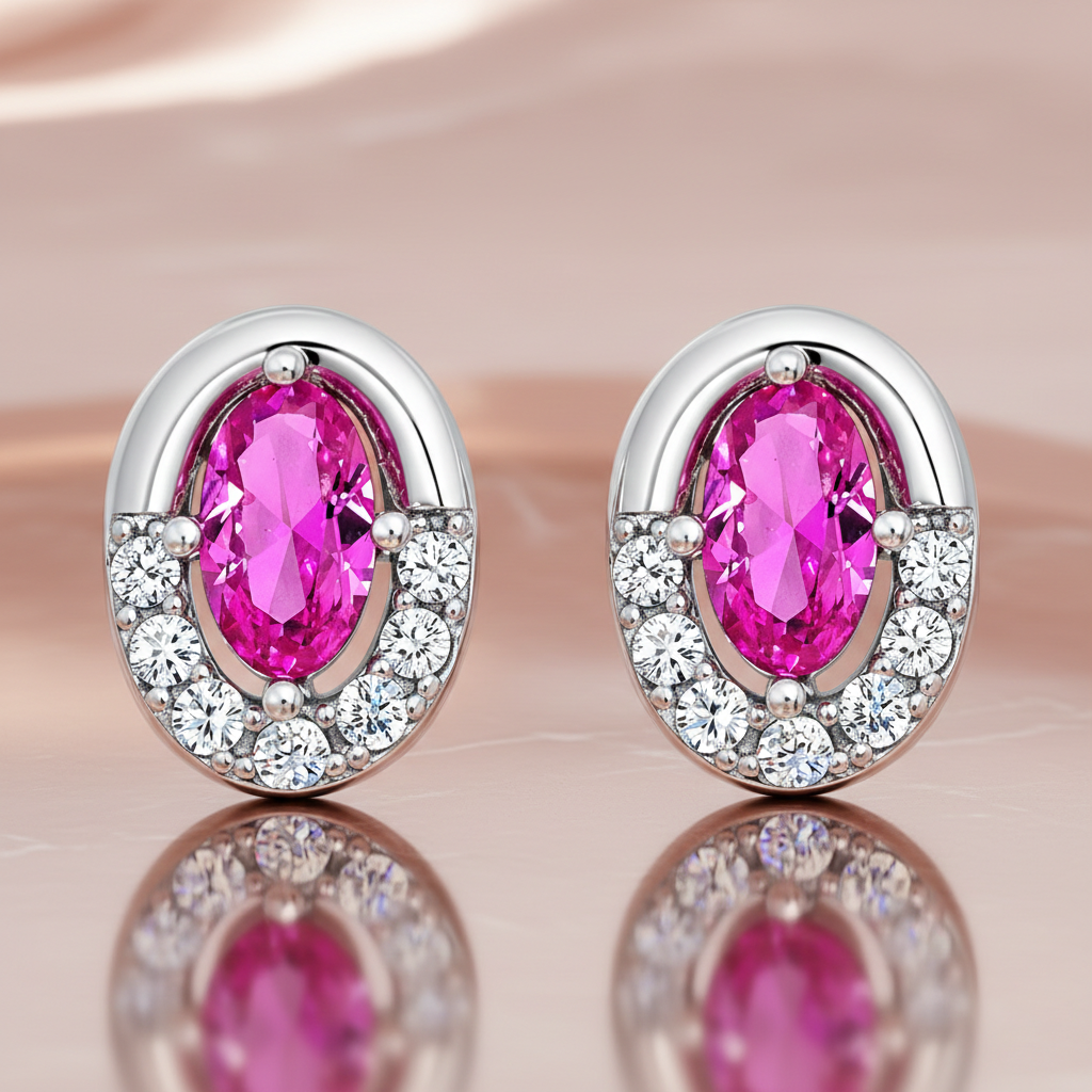 Boucles d’Oreilles Ovales Argent 925 Rhodié & Zirconium Rose