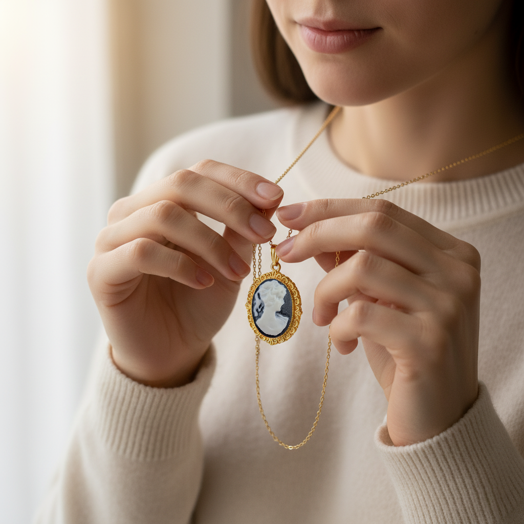 Collier Grand Camée noir – Plaqué Or | Bijou Vintage Élégant