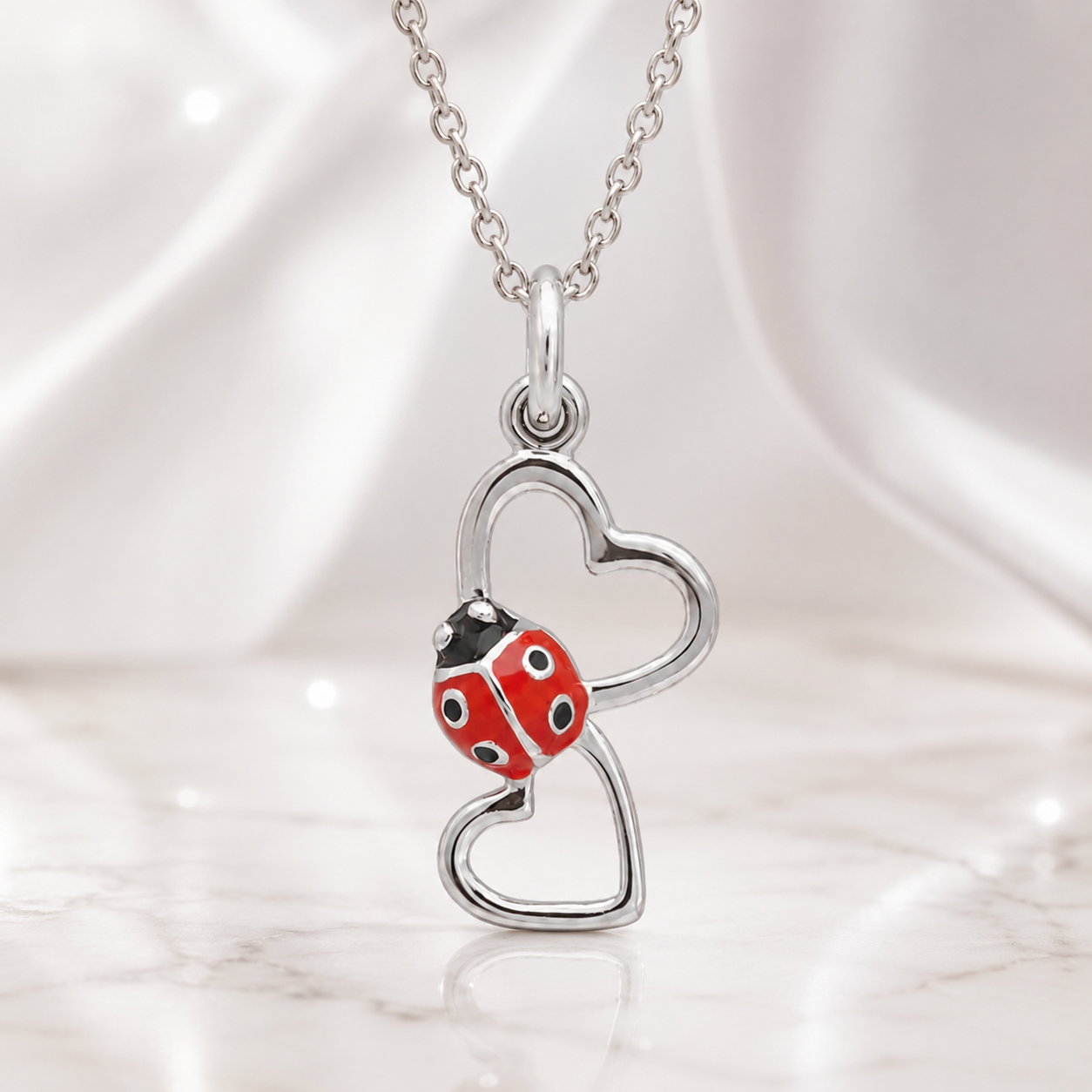 Collier Coccinelle 2 Cœurs en Argent 925 Rhodié & Laque Rouge