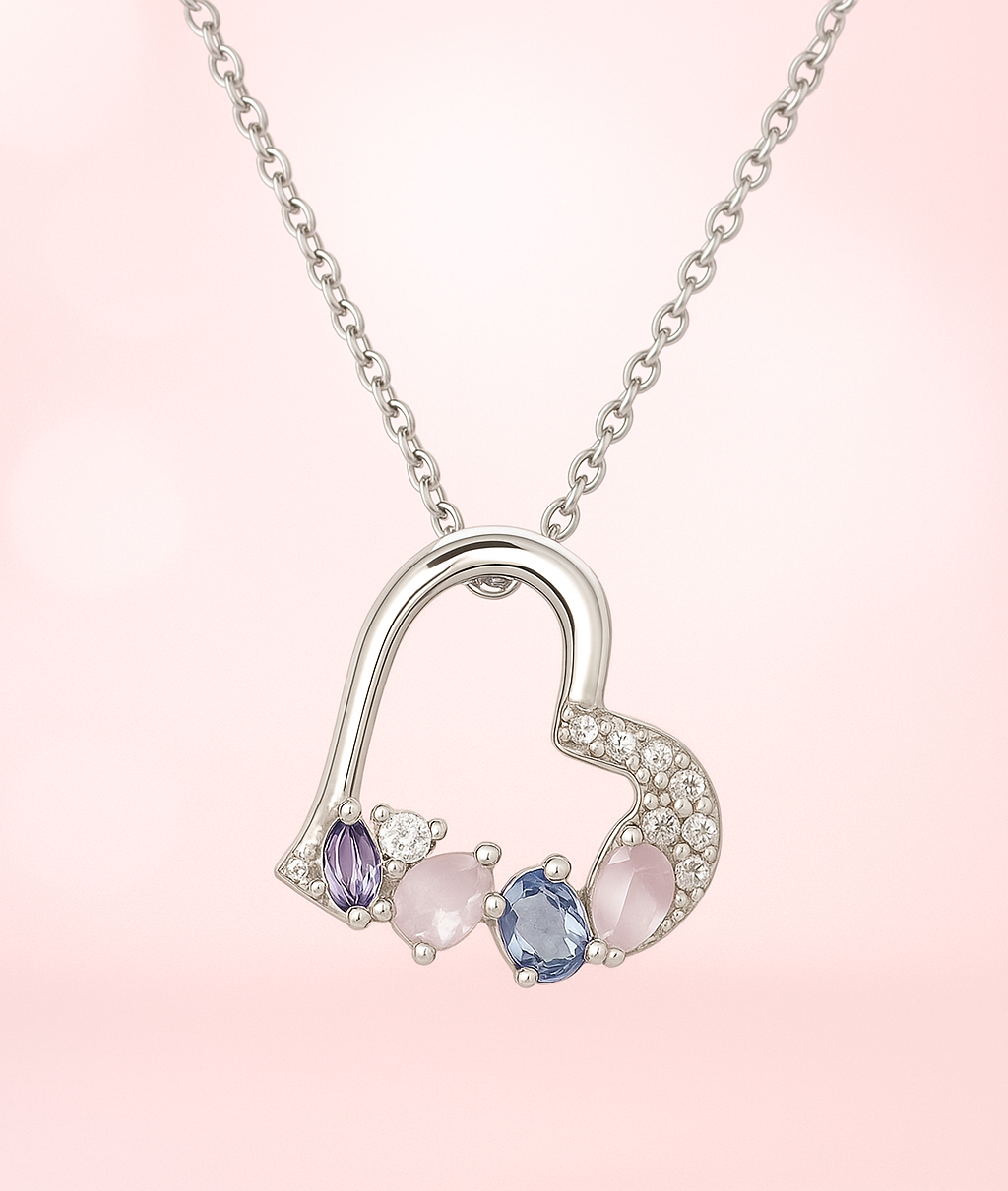 Collier Cœur en Argent 925 Rhodié – Zirconium & Pierres Pastel