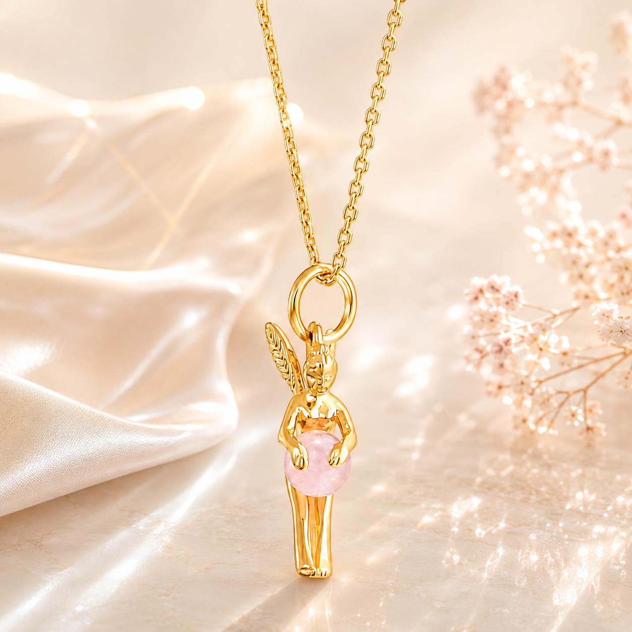 Collier Fée Quartz Rose – Plaqué Or Jaune 18 Carats