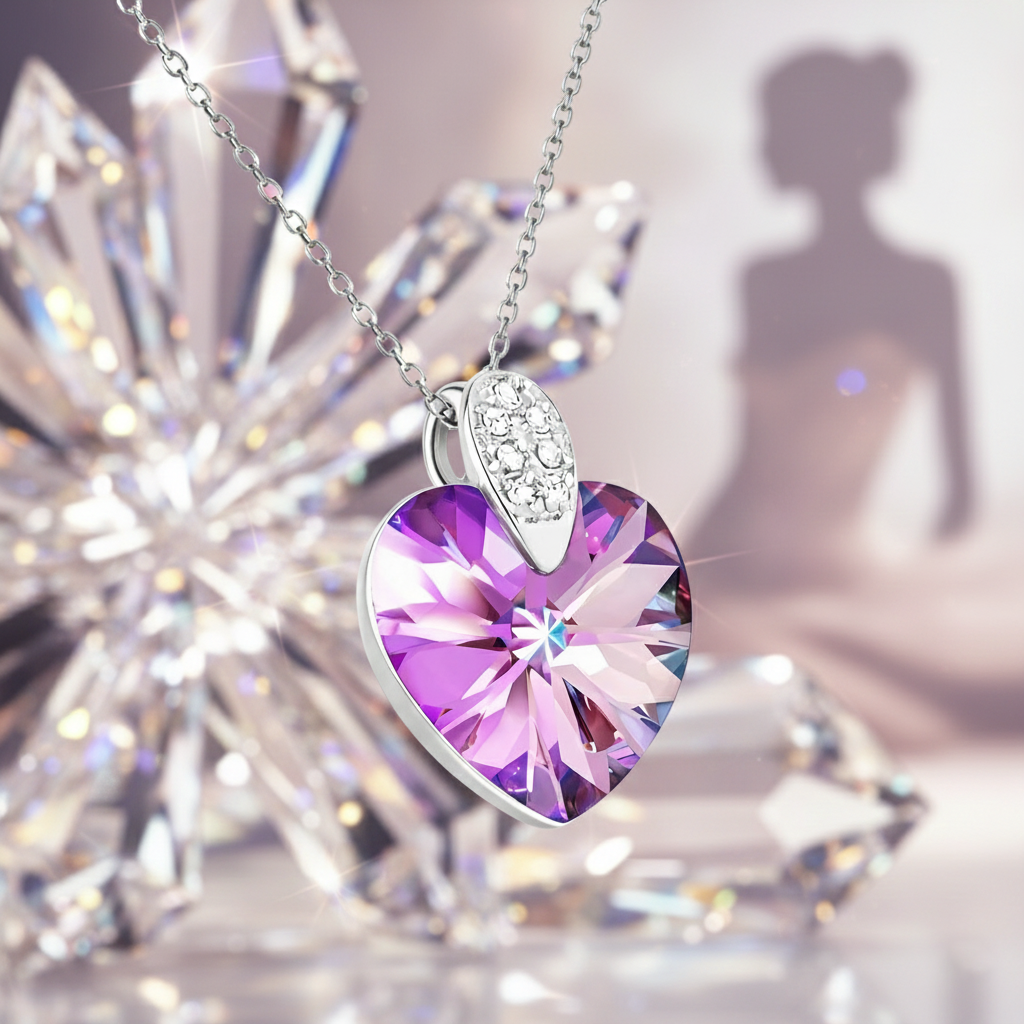 Collier Cœur en Argent 925 Rhodié & Cristal Violet