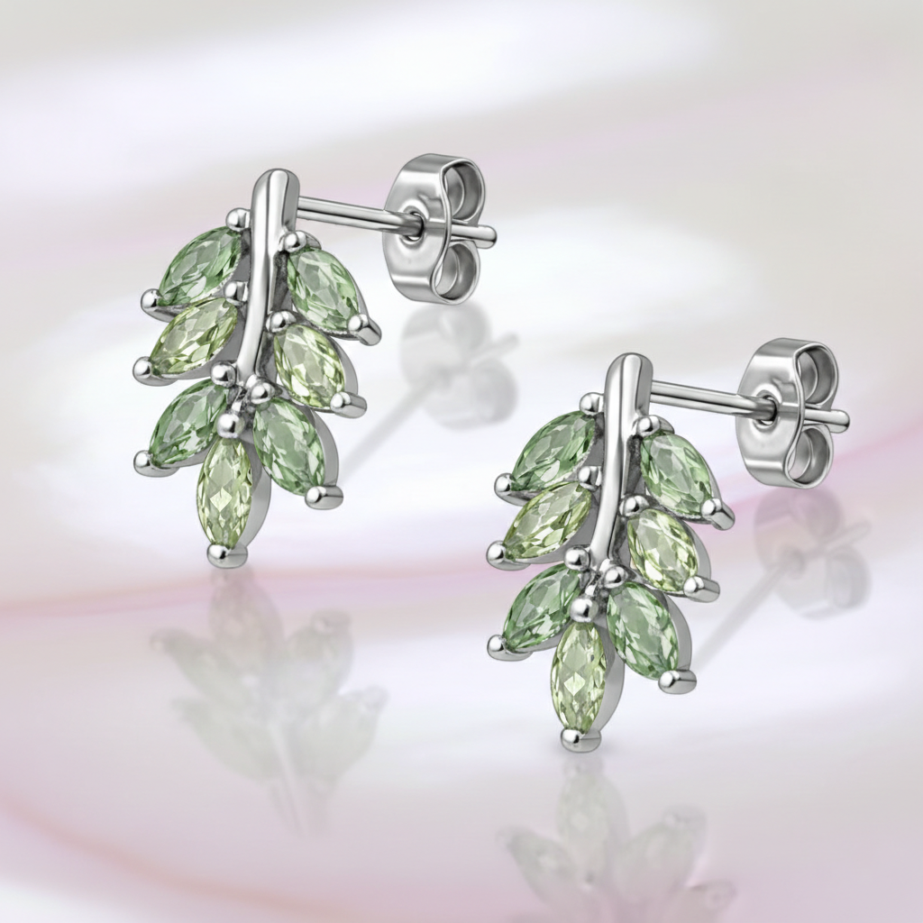 Boucles d’oreilles Feuillage en Argent 925 Rhodié & Zirconium Vert