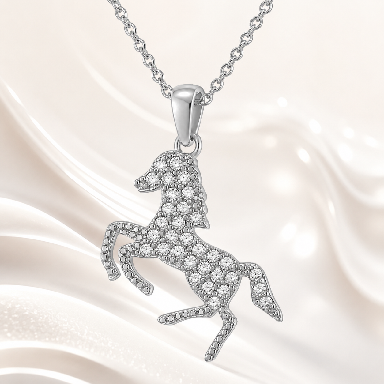 Collier Cheval en Argent 925 Rhodié & Zirconiums