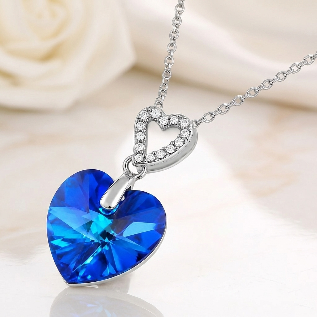 Collier Cœur Cristal Bleu & Argent 925 Rhodié