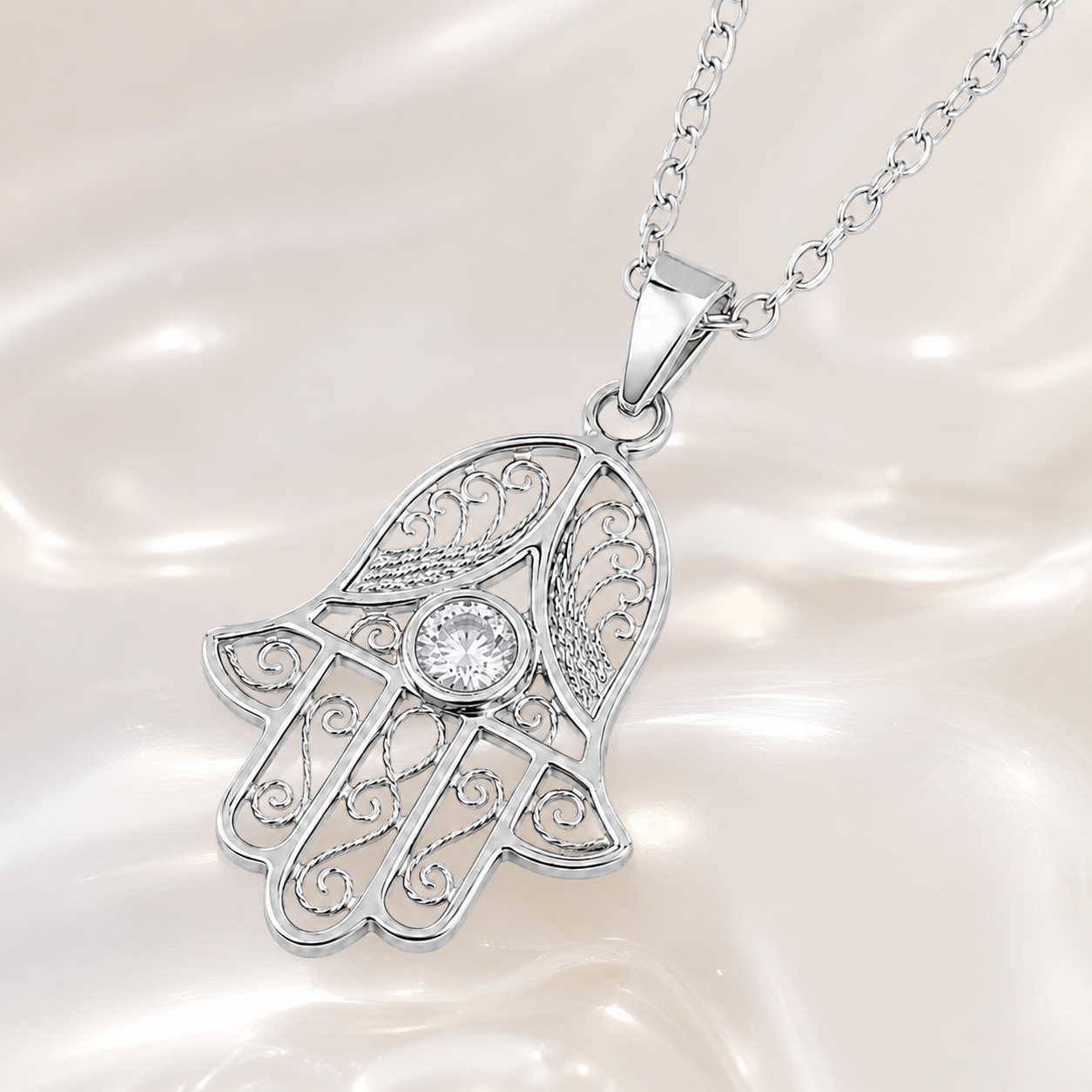 Collier Main de Fatma en Argent 925 Rhodié & Zirconium Blanc