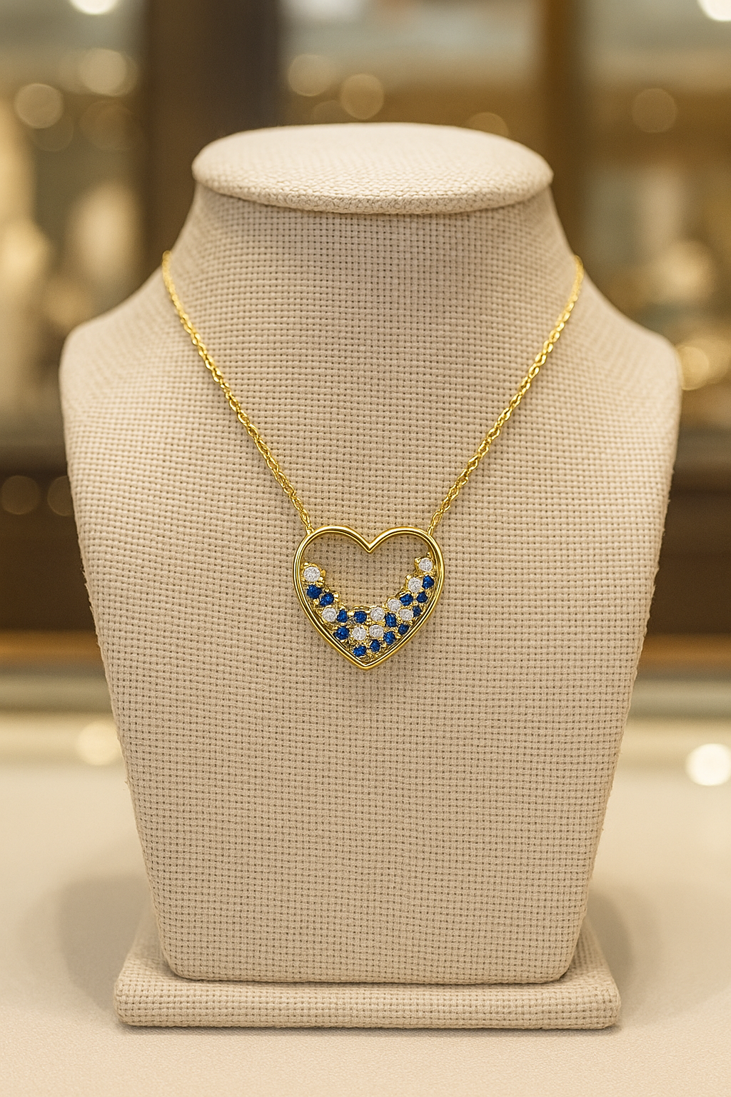 Collier Cœur Plaqué Or – Zirconiums Bleus & Blancs – Chaîne 40 + 5 cm