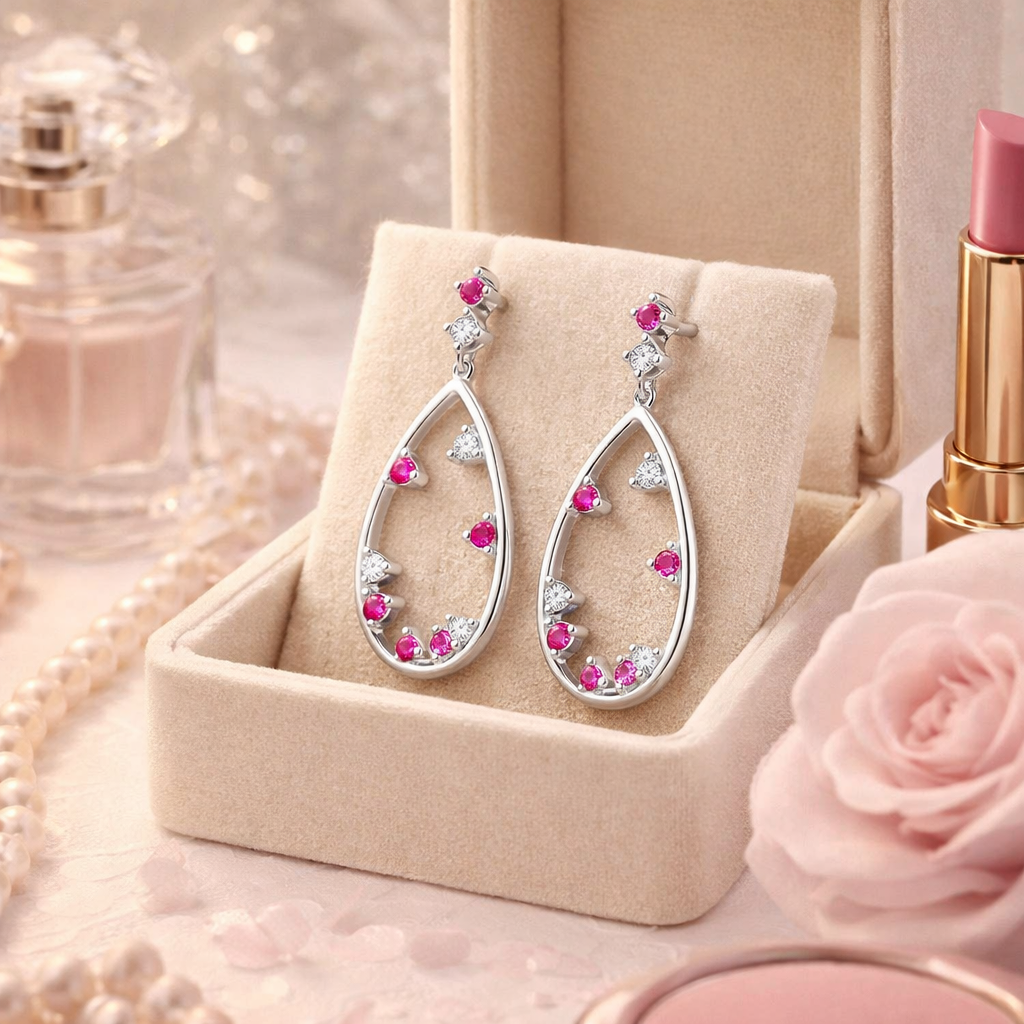 Boucles d’Oreilles Goutte Argent 925 Rhodié & Zirconiums Roses
