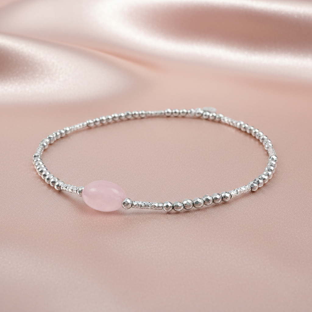 Bracelet en Argent 925 Rhodié & Quartz Rose