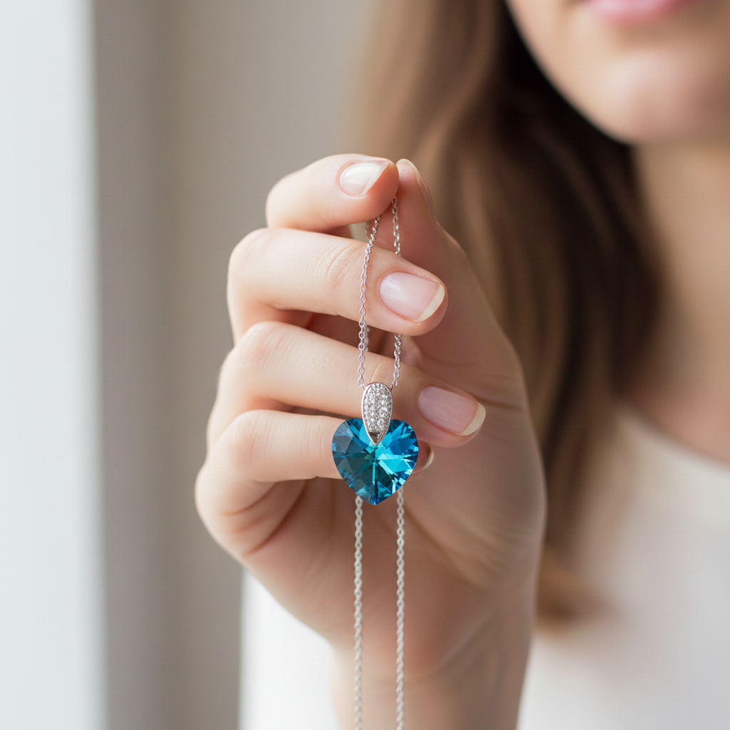 Collier Cœur en Argent 925 Rhodié & Cristal bleu/vert