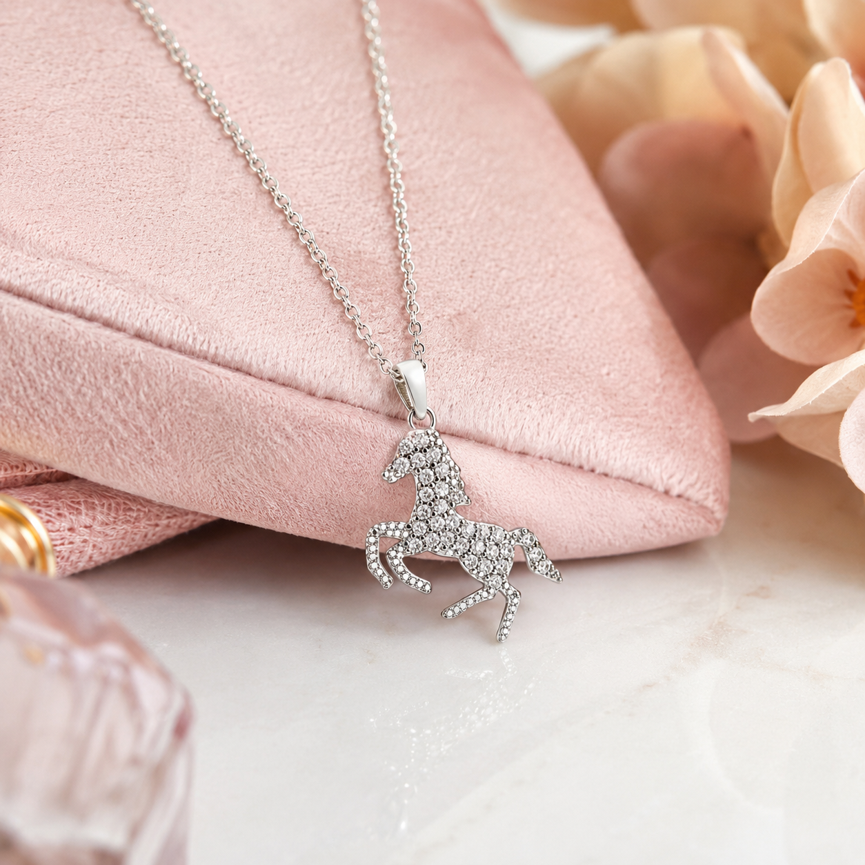 Collier Cheval en Argent 925 Rhodié & Zirconiums