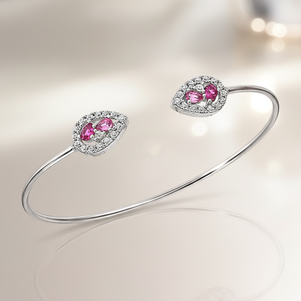 Bracelet ouvert en argent 925 rhodié & zirconiums roses