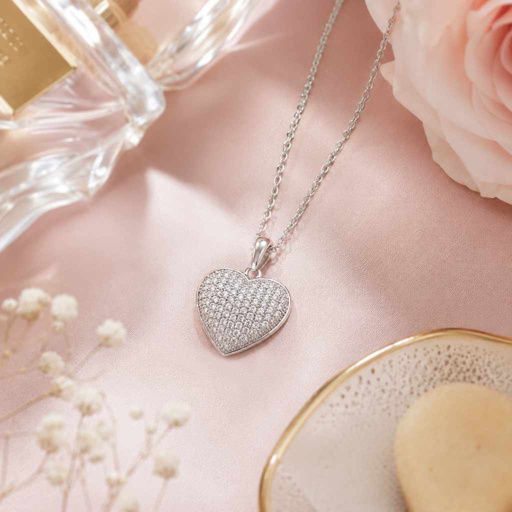 Collier Cœur Pavé Zirconium en Argent 925 Rhodié