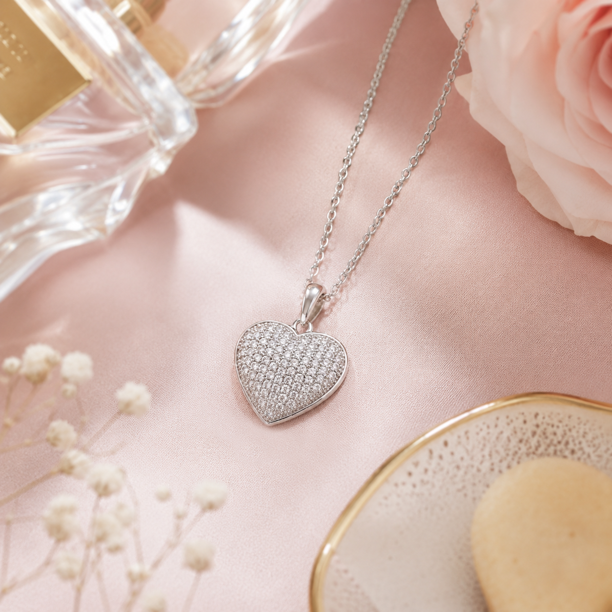 Collier Cœur Pavé Zirconium en Argent 925 Rhodié