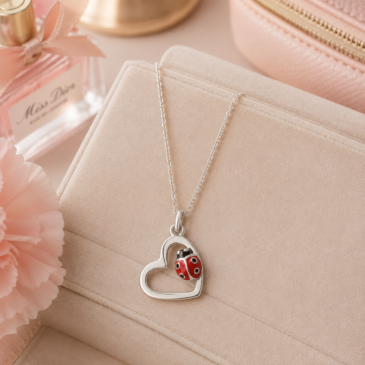 Collier Coccinelle Cœur en Argent 925 Rhodié & Laque Rouge