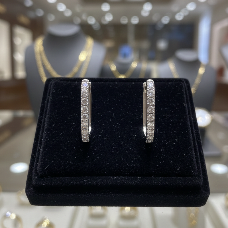 Boucles d’oreilles créoles rectangulaires en argent rhodié & zirconium blanc – Élégance intemporelle