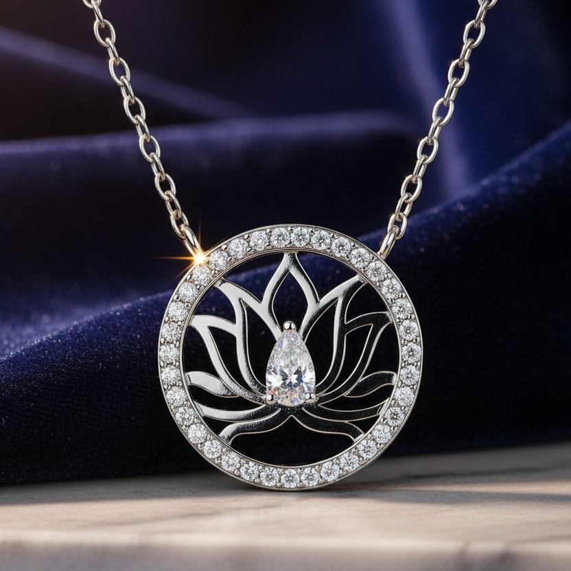 Collier Fleur de Lotus – Argent 925 Rhodié & Zirconium