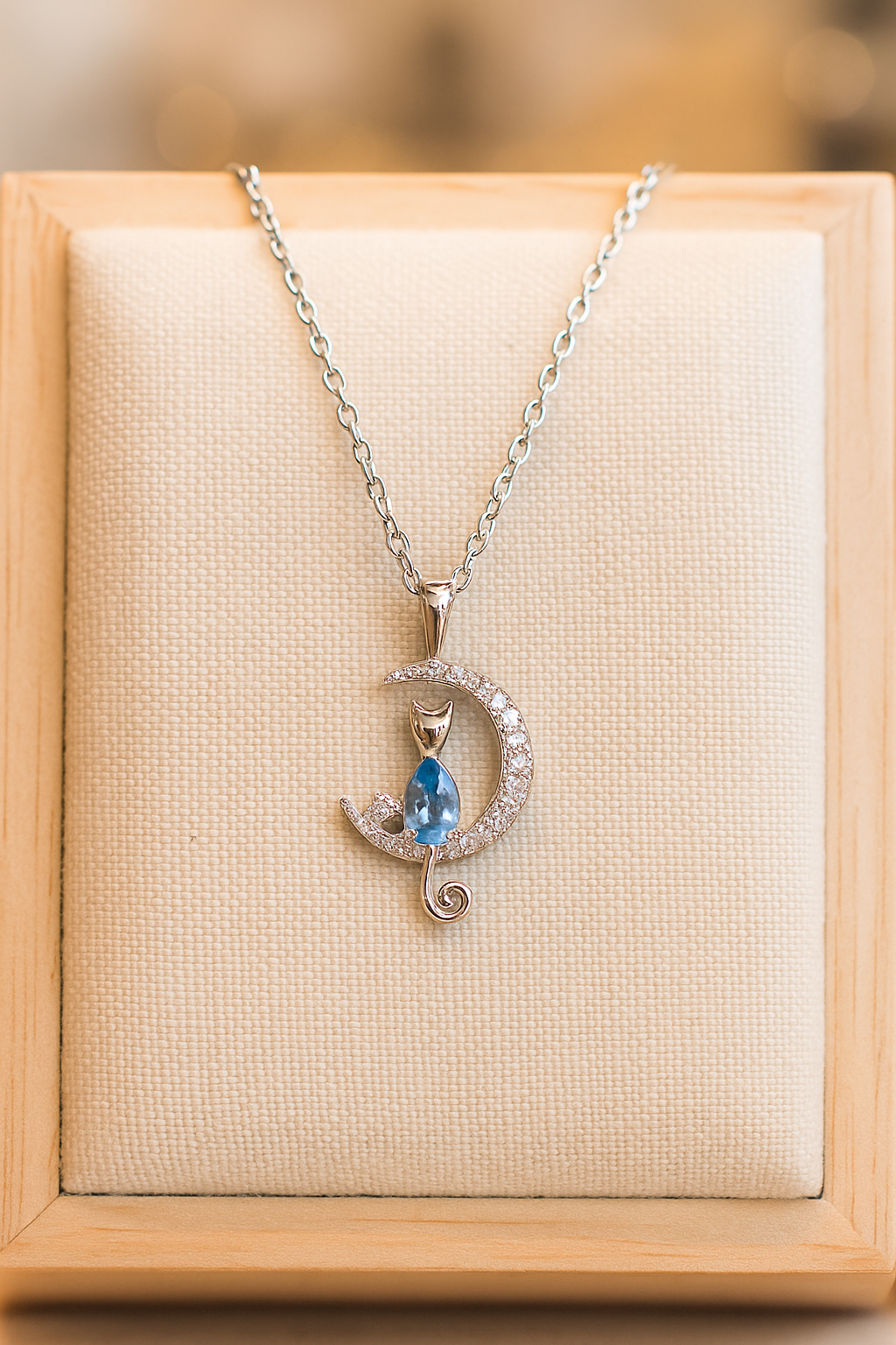 Collier Chat & Lune – Argent 925 Rhodié & Zirconium