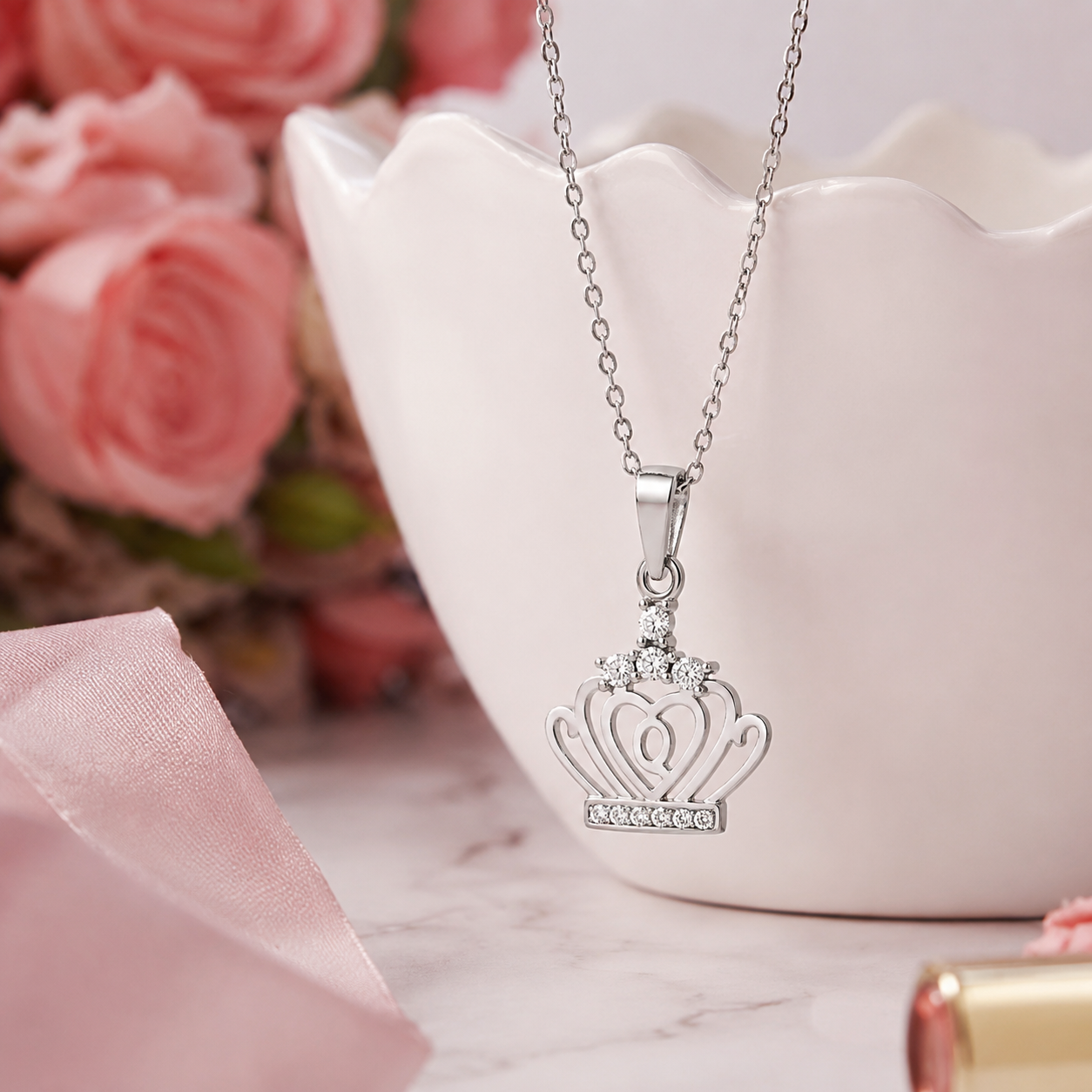 Collier Couronne Cœur Argent 925 Rhodié & Zirconiums