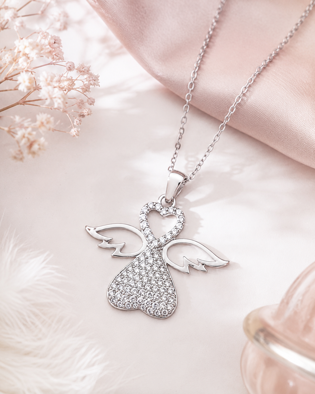 Collier Ange Cœur en Argent 925 Rhodié & Zirconiums