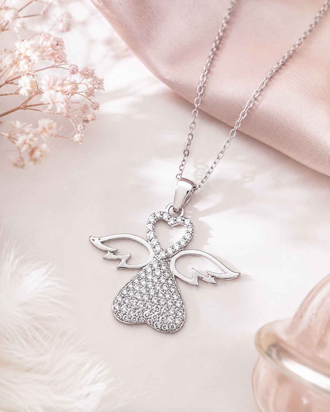 Collier Ange Cœur en Argent 925 Rhodié & Zirconiums