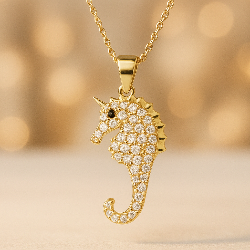 Collier Hippocampe Plaqué Or – Chaîne 40+5 cm – Pendentif Zircons Premium