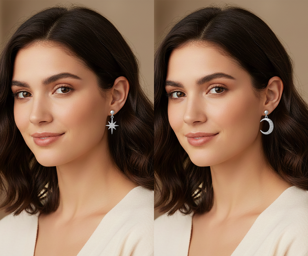 Boucles d’oreilles asymétriques Lune & Étoile – Argent Rhodié & Zirconium Blanc