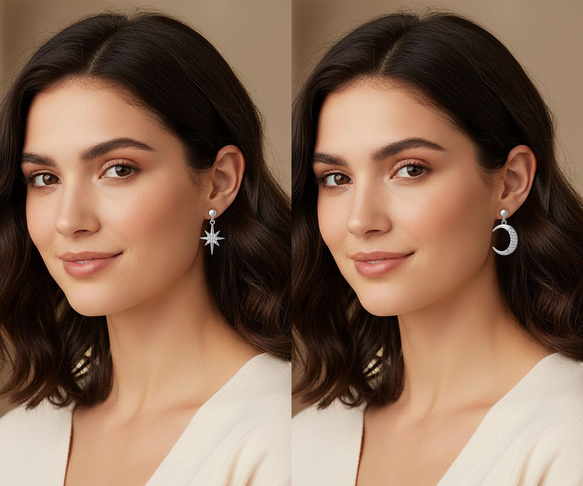 Boucles d’oreilles asymétriques Lune & Étoile – Argent Rhodié & Zirconium Blanc