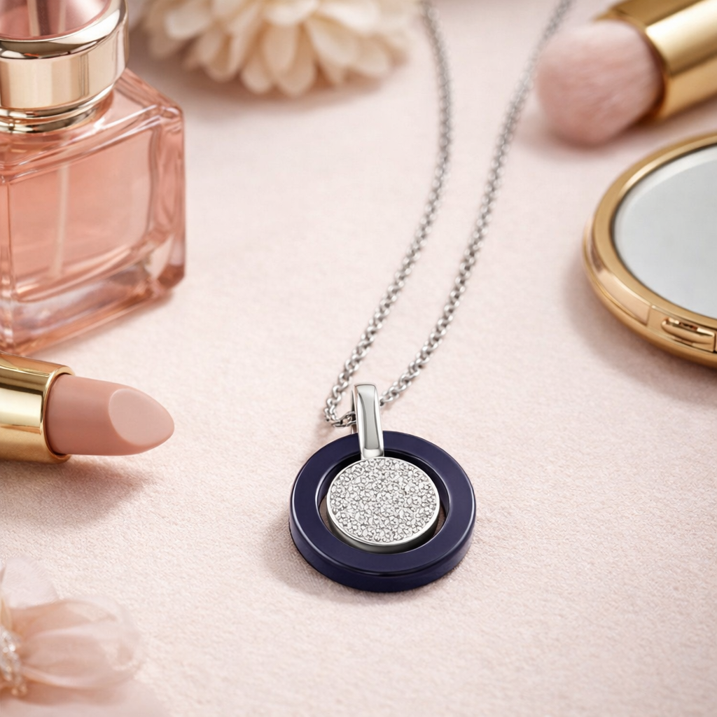 Collier Cercle Élégance – Argent 925 Rhodié, Céramique Bleu & Zirconium