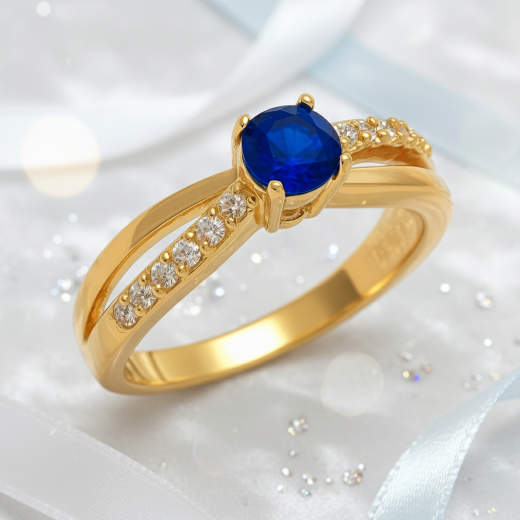 Bague Femme Plaqué Or – Zirconium bleu Étincelant – Finition Luxe