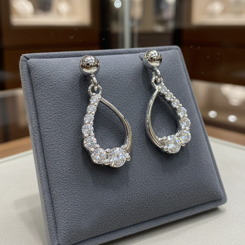 Boucles d’oreilles pendantes en argent rhodié & zirconium blanc – Élégance Goutte Cristalline