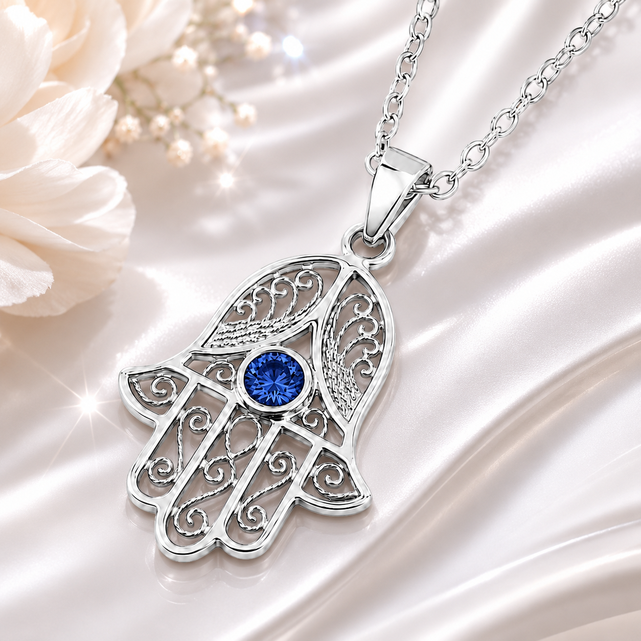 Collier Main de Fatma en Argent 925 Rhodié & Zirconium Bleu