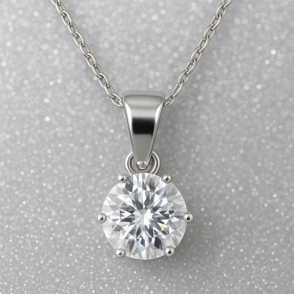 Collier Solitaire en Argent 925 Rhodié – Zirconium 6 mm | Chaîne 40 + 5 cm