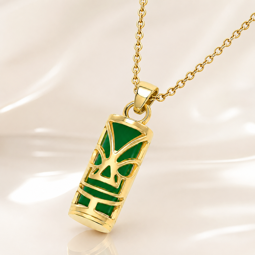 Collier Tiki en Plaqué Or 18 Carats & Agate Verte Naturelle