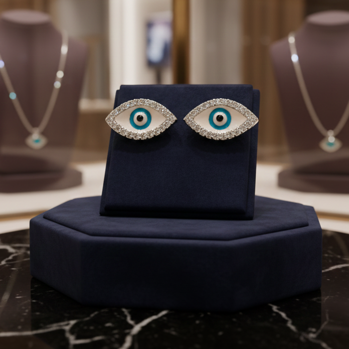 Boucles d’Oreilles Œil Protecteur en Argent Rhodié & Zirconium Blanc