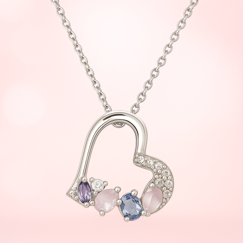 Collier Cœur en Argent 925 Rhodié – Zirconium & Pierres Pastel