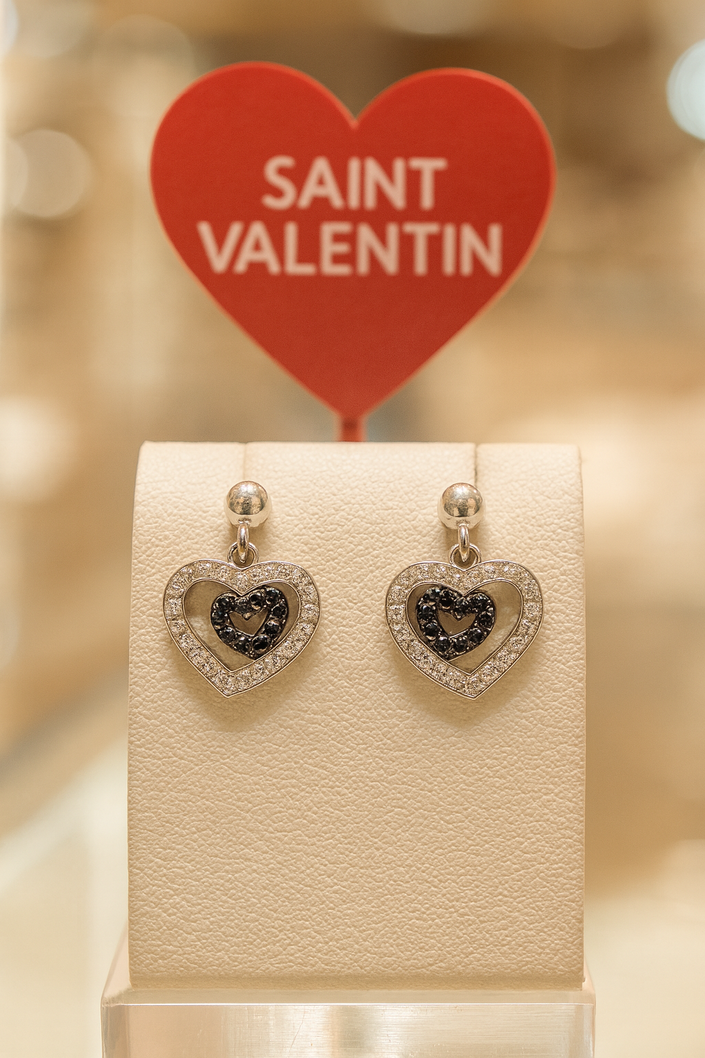 Boucles d’oreilles cœur en argent rhodié – Zirconium blanc & noir | Élégance intemporelle