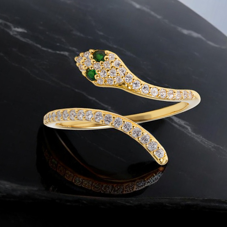 Bague Serpent en Plaqué Or – Zirconium & Yeux Vert Émeraude