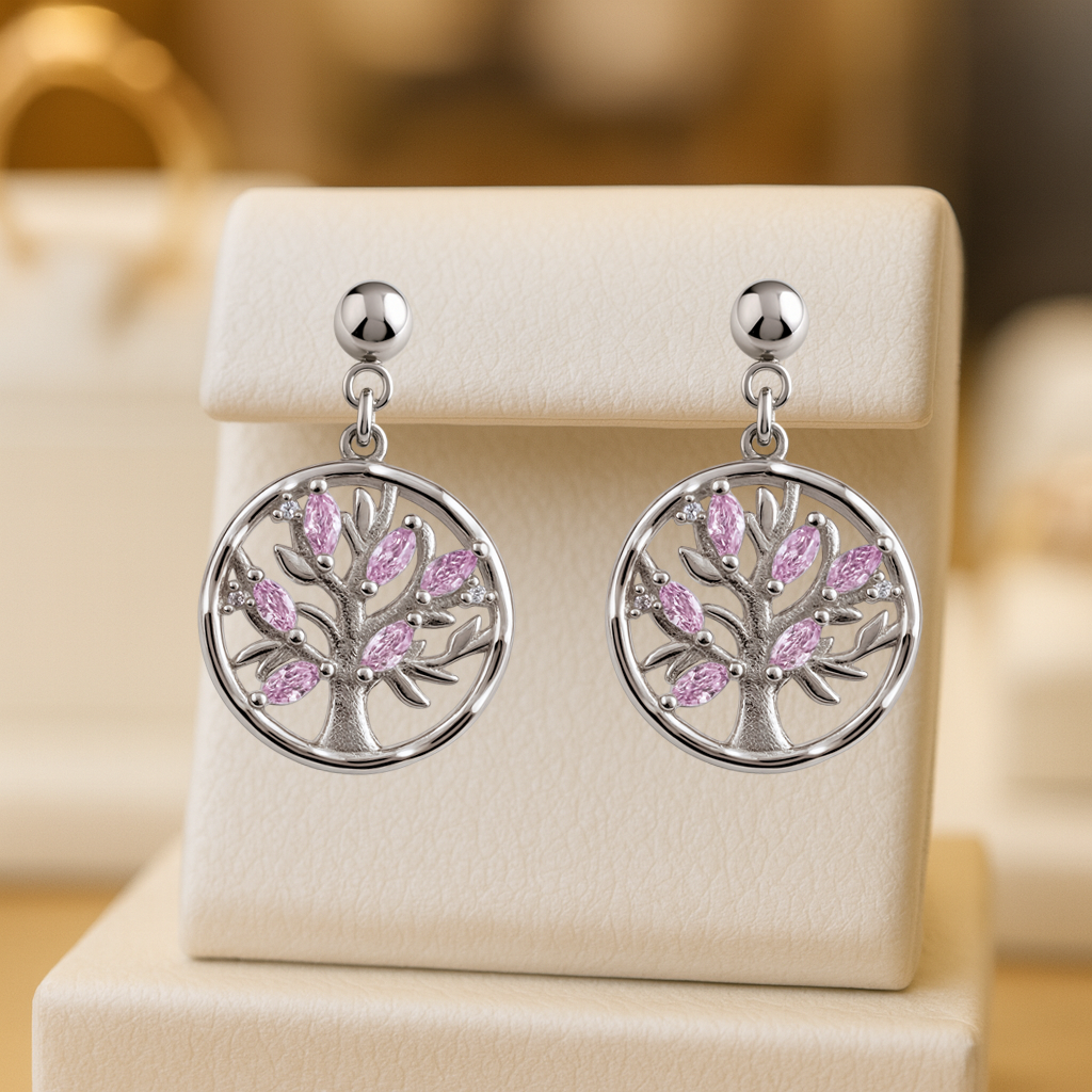 Boucles d’Oreilles Arbre de Vie en Argent Rhodié – Zirconium Rose & Blanc