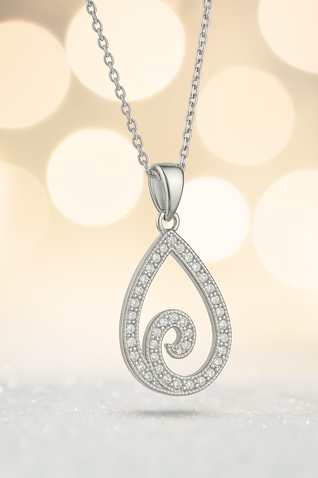 Collier en Argent 925 Rhodié & Zirconium – Pendentif Goutte Spirale Étincelante