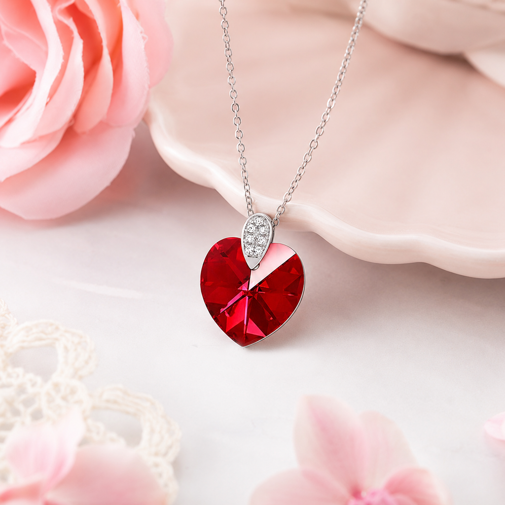 Collier Cœur Cristal rouge & Zirconiums en Argent 925 Rhodié