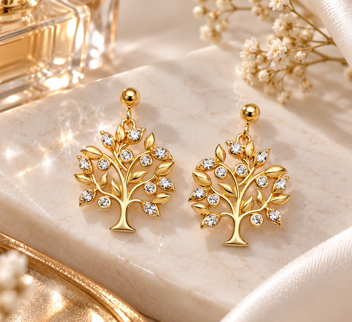 Boucles d’oreilles Arbre de Vie en plaqué or 18 carats et zirconiums