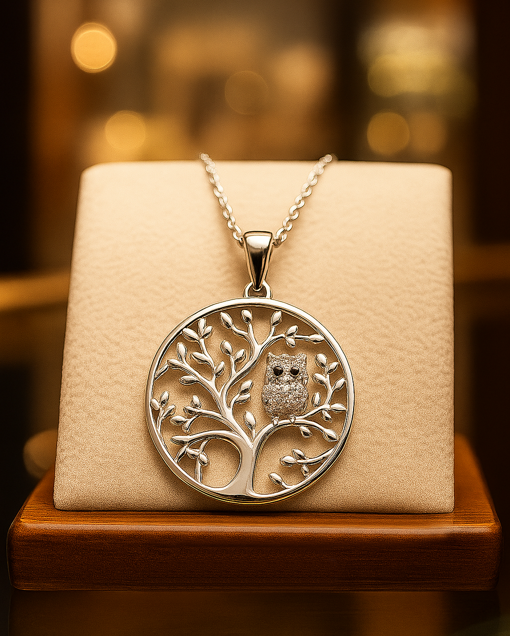 Collier Arbre de Vie & Hibou en Argent 925 Rhodié –  serti de Zirconium
