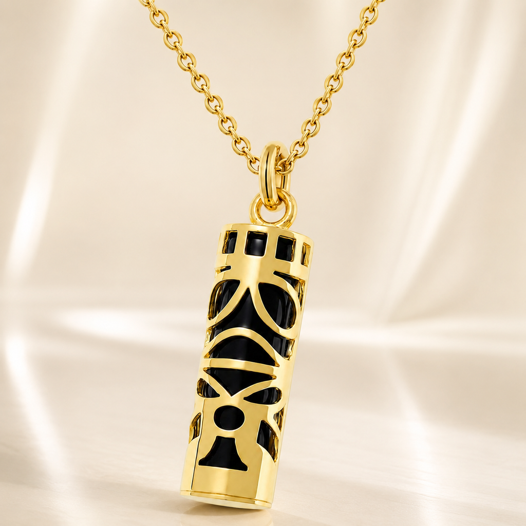 Collier Grand Tiki en plaqué or jaune 18 carats & onyx noir – Mixte