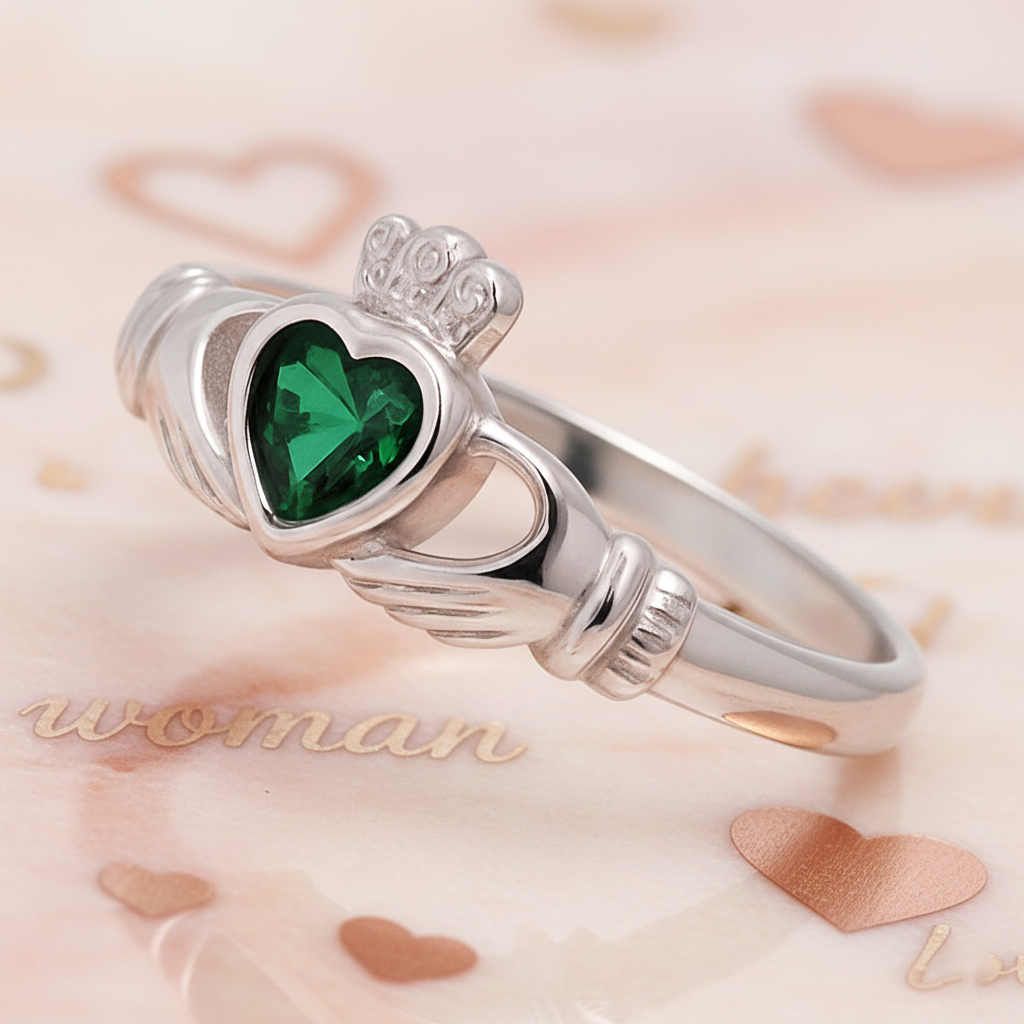 Bague Claddagh en Argent 925 Rhodié & Zirconium Vert