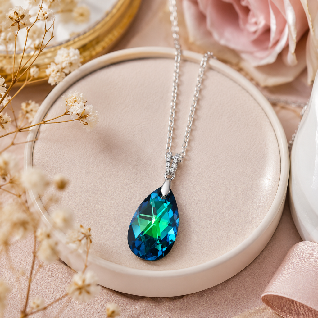 Collier Argent 925 Rhodié, Zirconiums & Cristal Bleu Vert