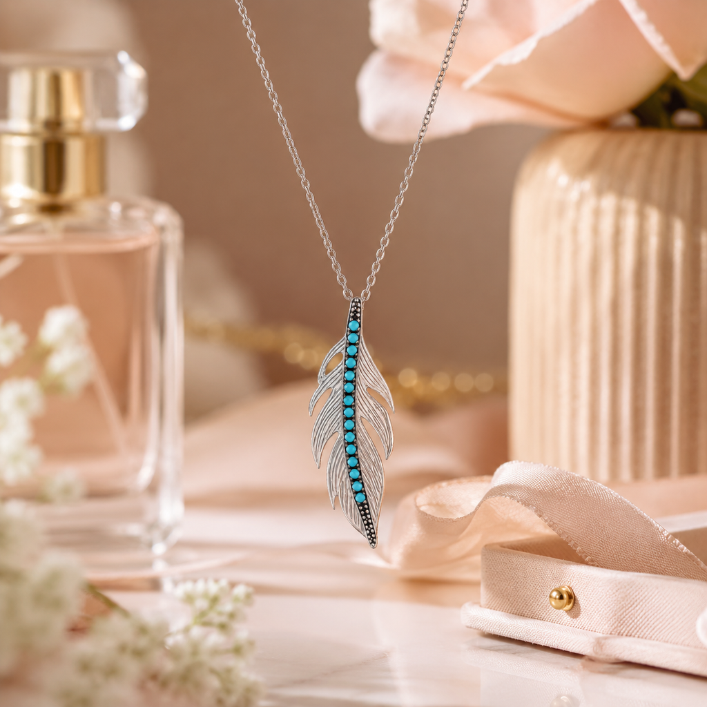 Collier Plume Argent 925 Rhodié & Turquoise Synthétique